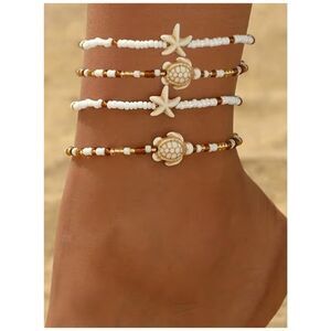 NWT 4pc Glass Bead Ankle Bracelets Multi-Layer Stacked Starfish Sea Turtle Charm
